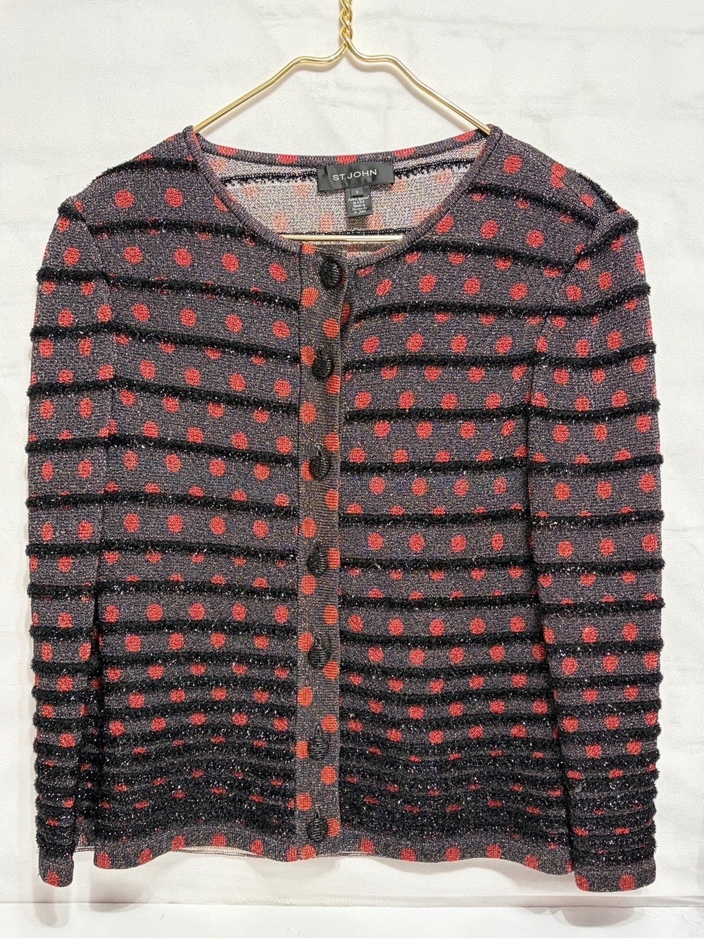 St. John Black Cardigan with Red Polka Dots